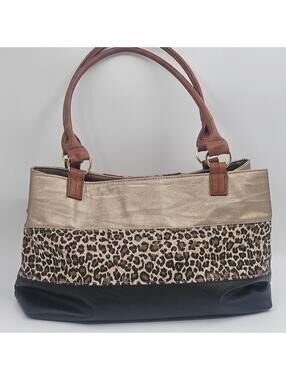 Handbag Carry-All Tote  3-Tone Metallic Gold & Leopard Print with Tan Handles
